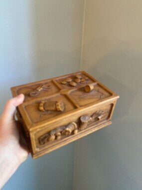 Vintage WASA Solingen Faux Wood Sewing Box With Intricate Sewing-Themed Relief D